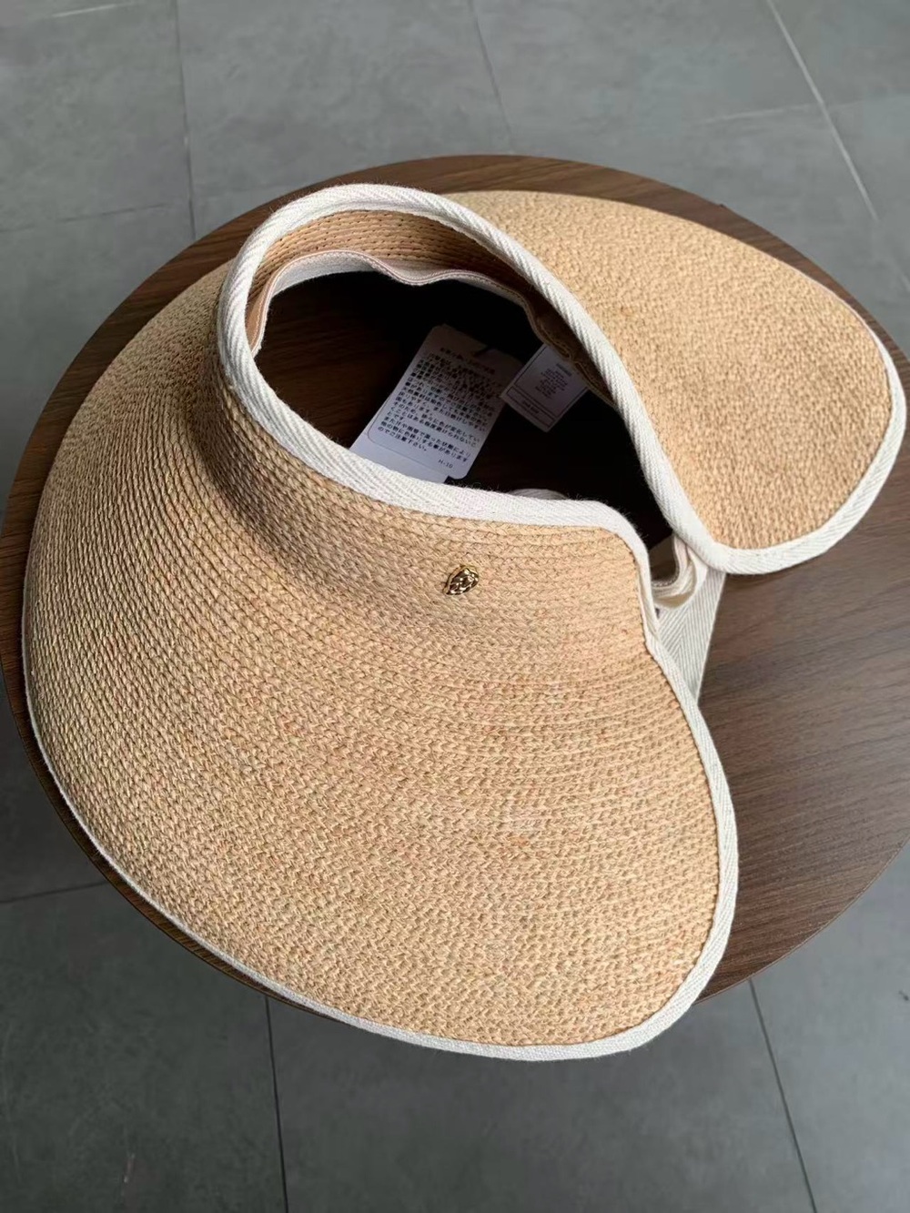 Helen Kaminski Natural Straw Visor with Cream Trim and Gold Accent